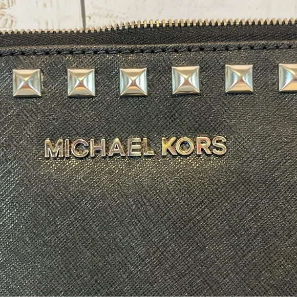 Michael Kors Black Saffiano Leather Studded  Clutch Silver Color Hardware NWOT - Picture 3 of 9